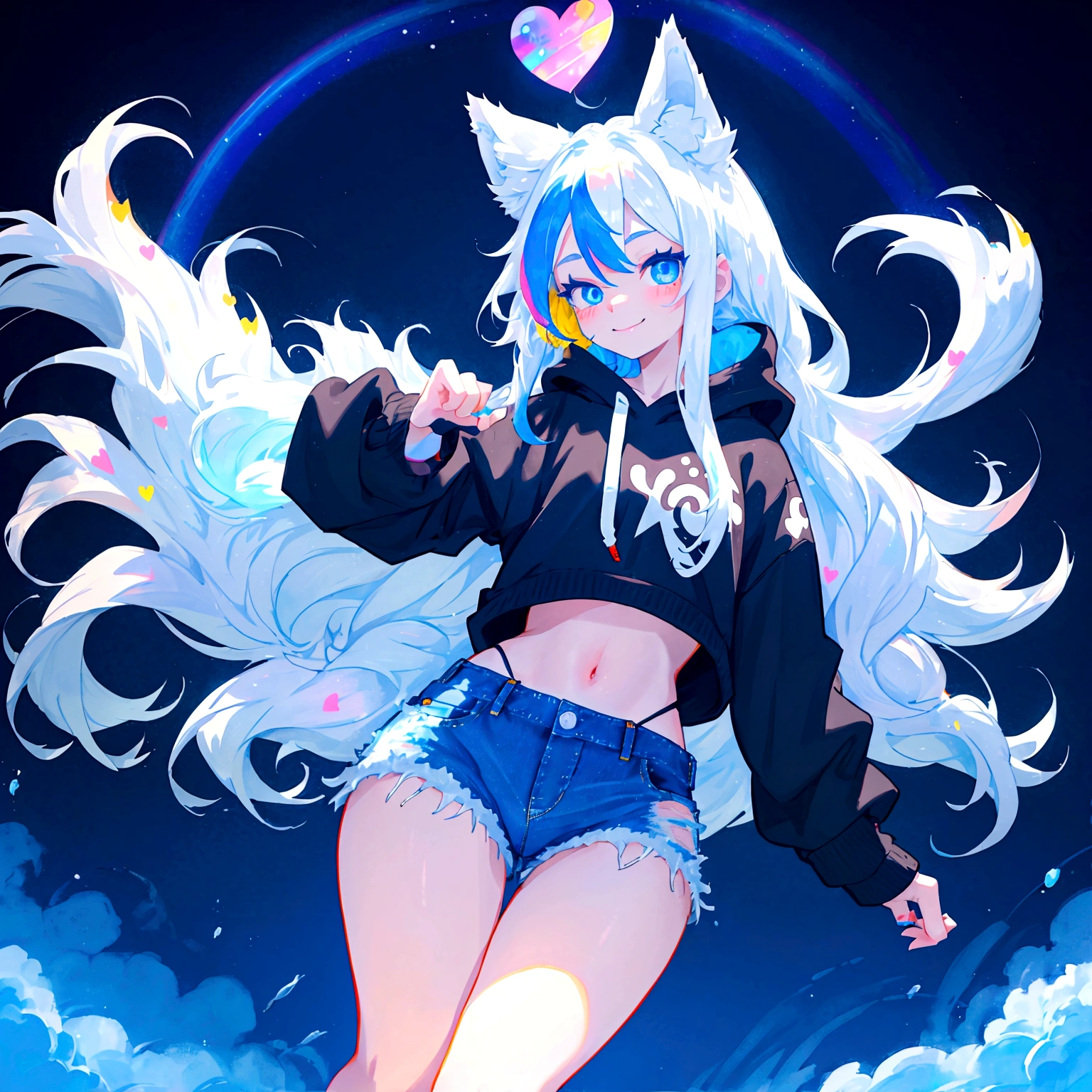 a cute adult male with wolf ears, long white hair, long locks, has a wolf tail, wearing a loose cropped black hoodie, wearing a pair of denim short shorts and fishnet stockings, thick thighs, wide hips, dancing on a mound of fluffy multi colored kawaii plushies, short, very slim, showing slender tummy, heart on hoodie, squishy thighs, has glowing blue eyes. alone, solo (ALONE)(SOLO), surrounded by rainbows, colorful galaxy backround, smiling