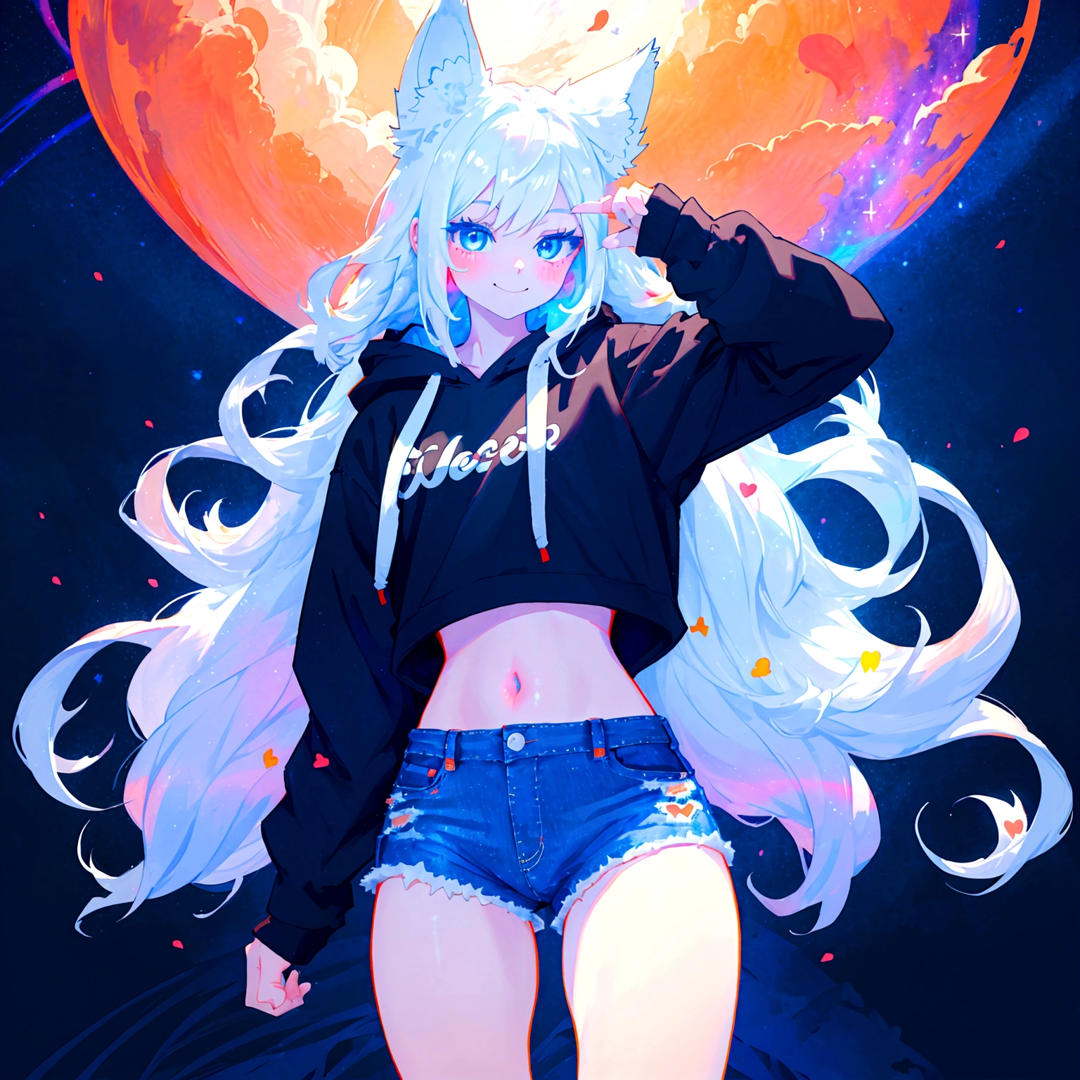 a cute adult male with wolf ears, long white hair, long locks, has a wolf tail, wearing a loose cropped black hoodie, wearing a pair of denim short shorts and fishnet stockings, thick thighs, wide hips, dancing on a mound of fluffy multi colored kawaii plushies, short, very slim, showing slender tummy, heart on hoodie, squishy thighs, has glowing blue eyes. alone, solo (ALONE)(SOLO), surrounded by rainbows, colorful galaxy backround, smiling