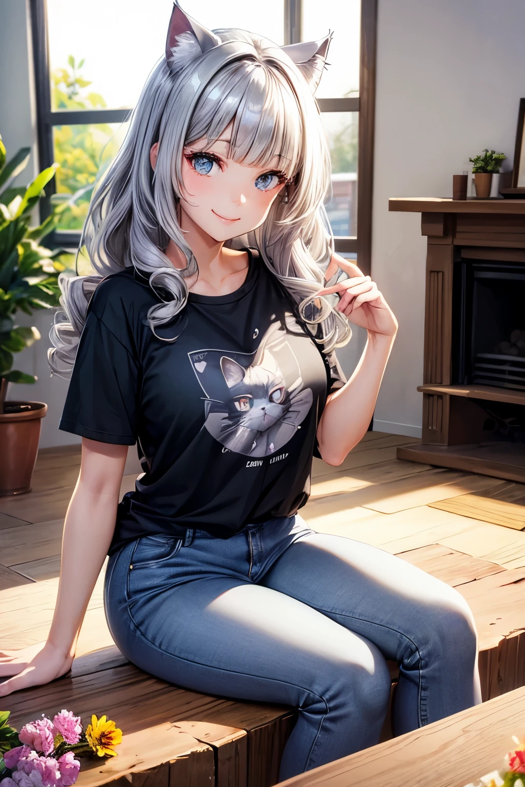 Top quality, high resolution, perfect human structure, background focus, front view, gray hair, bob, shiny hair, cat ears, smiling heart-shaped eyes, blunt bangs, wavy hair, flowers, living room, shiny hair, happy smile, sitting, gradient eyes, t-shirt, jeans