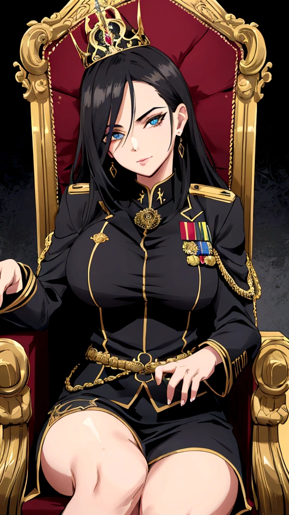 uma mulher bonita e seductiv com o rosto da imagem de referência, sitting on an ornate throne chair, wearing a black military uniform, highy detailed, 8K, Masterpiece artwork, cinematic lighting, dramatic pose, Bright dark, details Intricate, rich colors , chic, majestic, seductiv, arrogant look from top to bottom, mighty, age between 30 and 40 years