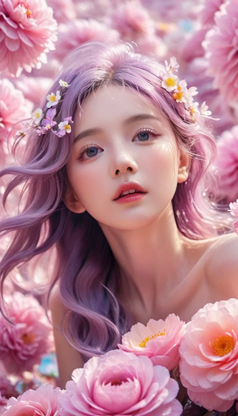 From below,best quality,32k,RAW photos,Ridiculous,Extremely detailed,Delicate texture,A huge wave of flowers and petals was swallowed up,fantasy,fairy tale,Pastel colors,Motion Blur,Action route,