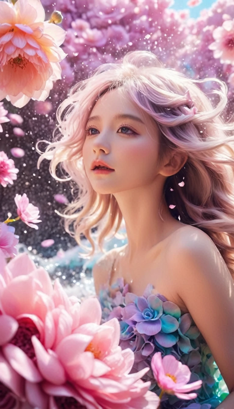 From below,best quality,32k,RAW photos,Ridiculous,Extremely detailed,Delicate texture,A huge wave of flowers and petals was swallowed up,fantasy,fairy tale,Pastel colors,Motion Blur,Action route,