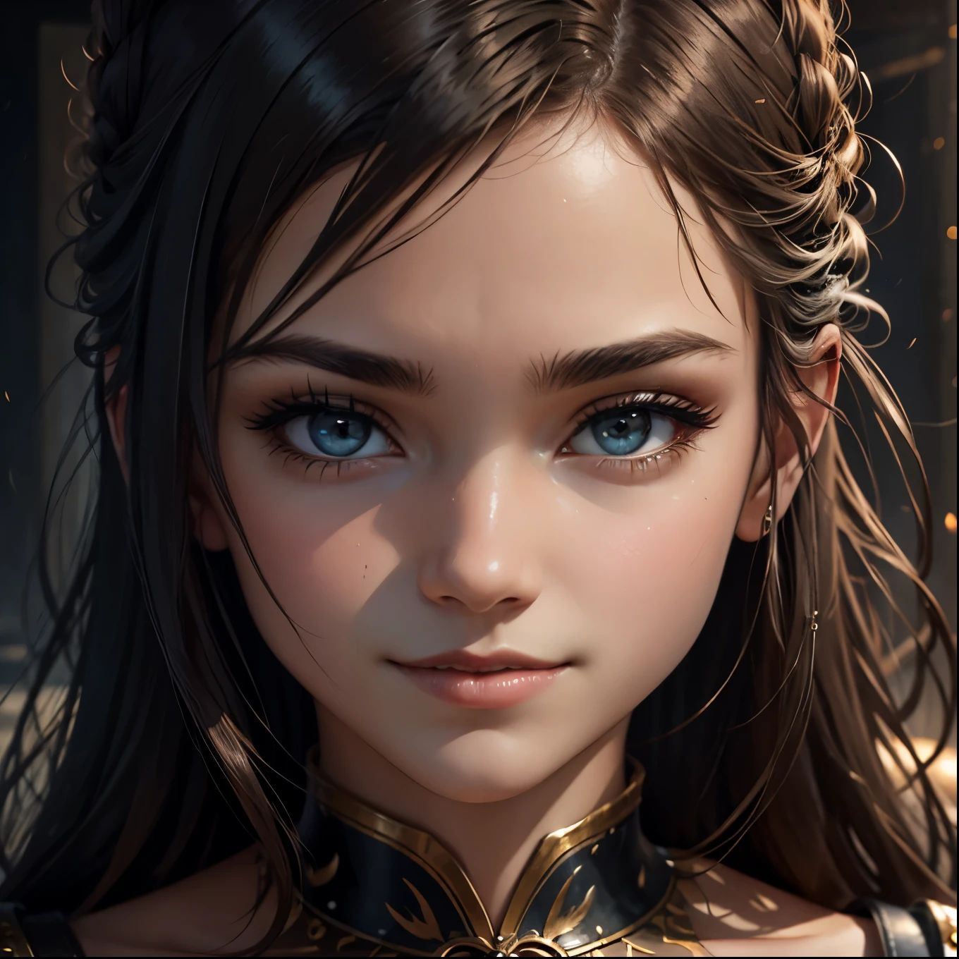 1girl, fantasy, highres, looking_away, looking_to_the_side, original, realistic, scenery, close-up, upper_body, smiling, action_pose, on_bed, intricate_details, delicate_features, beautiful_eyes, captivating_expression, soft_lighting, warm_color_palette, cinematic_composition, dramatic_lighting, volumetric_fog, intricate_background_elements