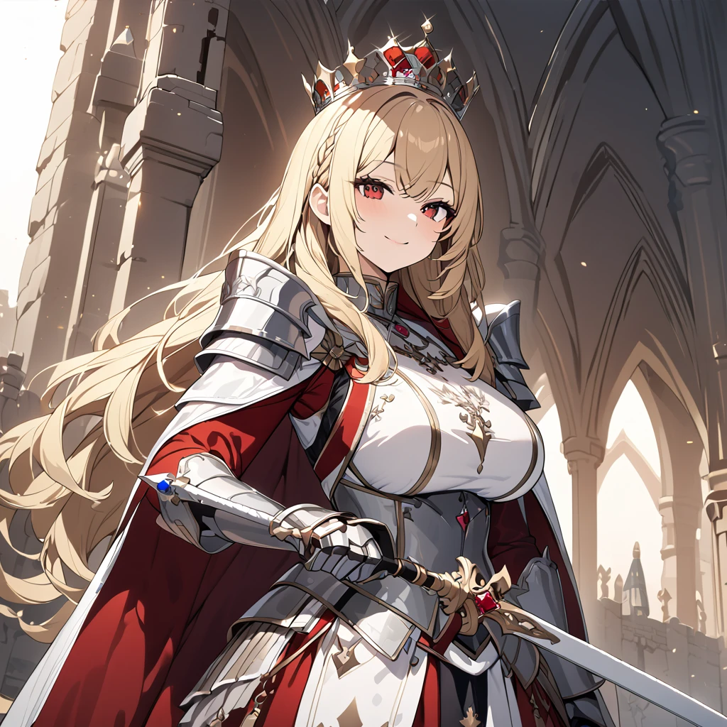 A woman wearing heavy silver armor, big breast, long red fur cape, with a crown on her head, crown with sapphires and rubies, blonde hair, long hair, red eyes, smiling, holding a silver sword, on an outside of a castle, Several heavy knights postured around, medieval aesthetic...UHD , prime work , accurate , anatomically correct , textured skin , super details , high quality , best quality, 8k, high resolution, bokeh effect. (woman alone)