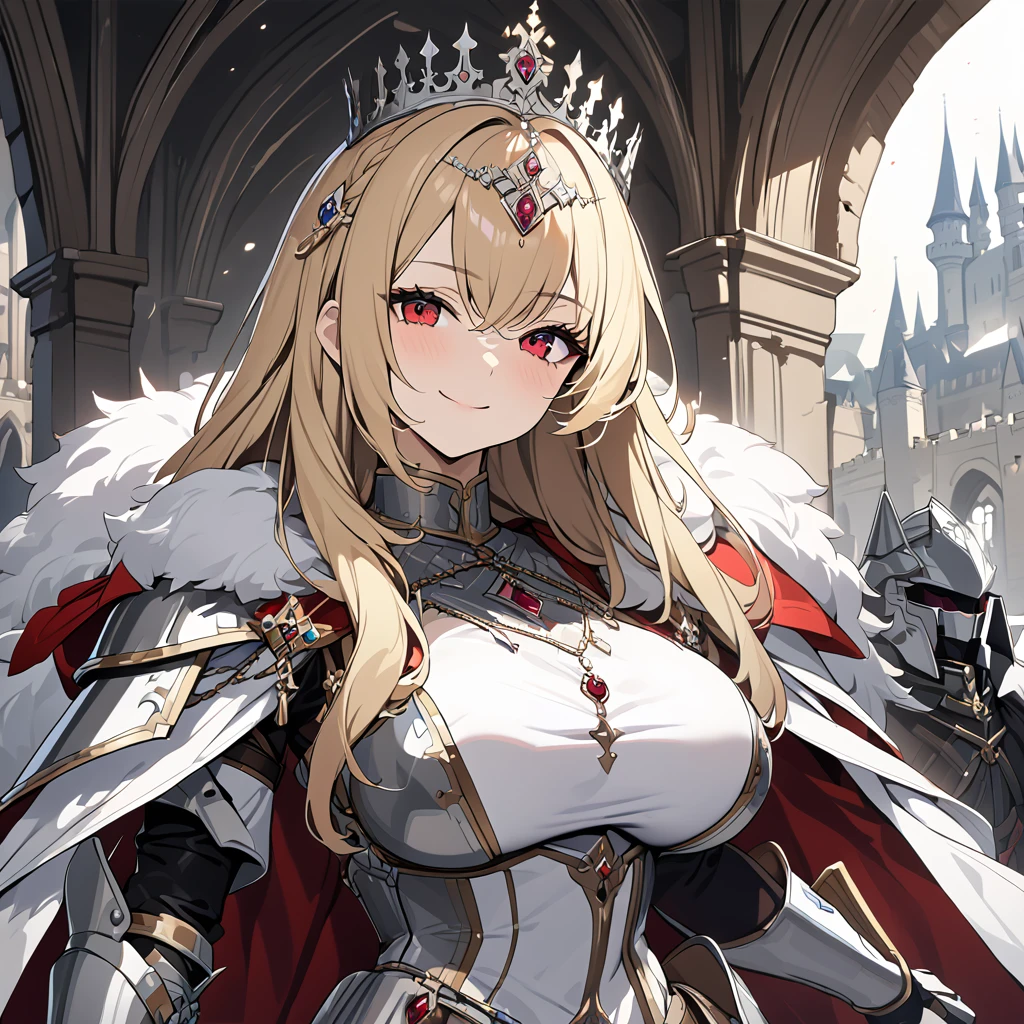 A woman wearing heavy silver armor, big breast, long red fur cape, with a crown on her head, crown with sapphires and rubies, blonde hair, long hair, red eyes, smiling, holding a silver sword, on an outside of a castle, Several heavy knights postured around, medieval aesthetic...UHD , prime work , accurate , anatomically correct , textured skin , super details , high quality , best quality, 8k, high resolution, bokeh effect. (woman alone)
