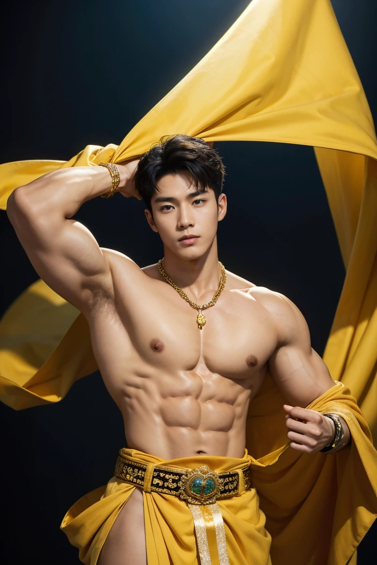 Handsome Korean sky emperor, six pack, firm swollen breasts, detailed muscles.   wearing jewelry, wearing a yellow cloth underneath with a gold belt, looks sexy and almost shows an area of ​​shame.  remote camera, set in a mythological Kingdom.