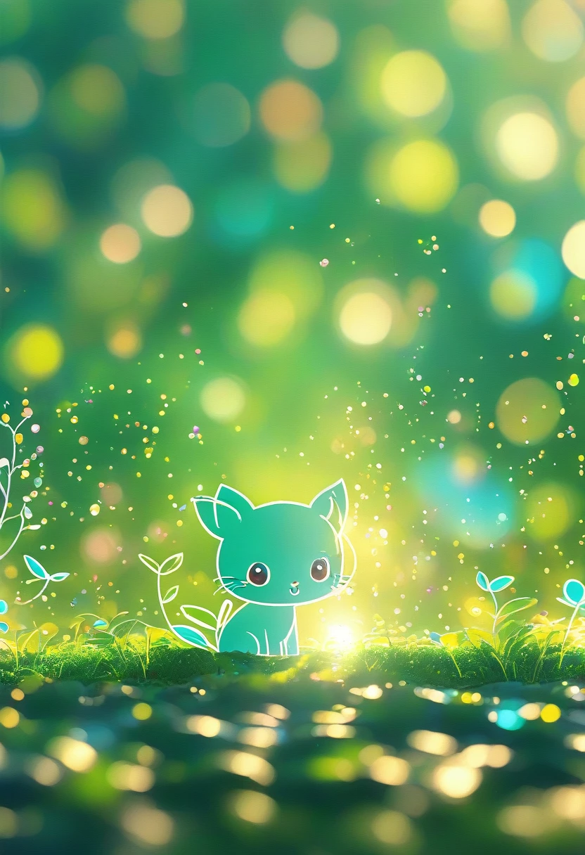 wallpaper，32k，Cartoon Animals Close-up Green Background、Blurred dream pictures、Strong bokeh effect
