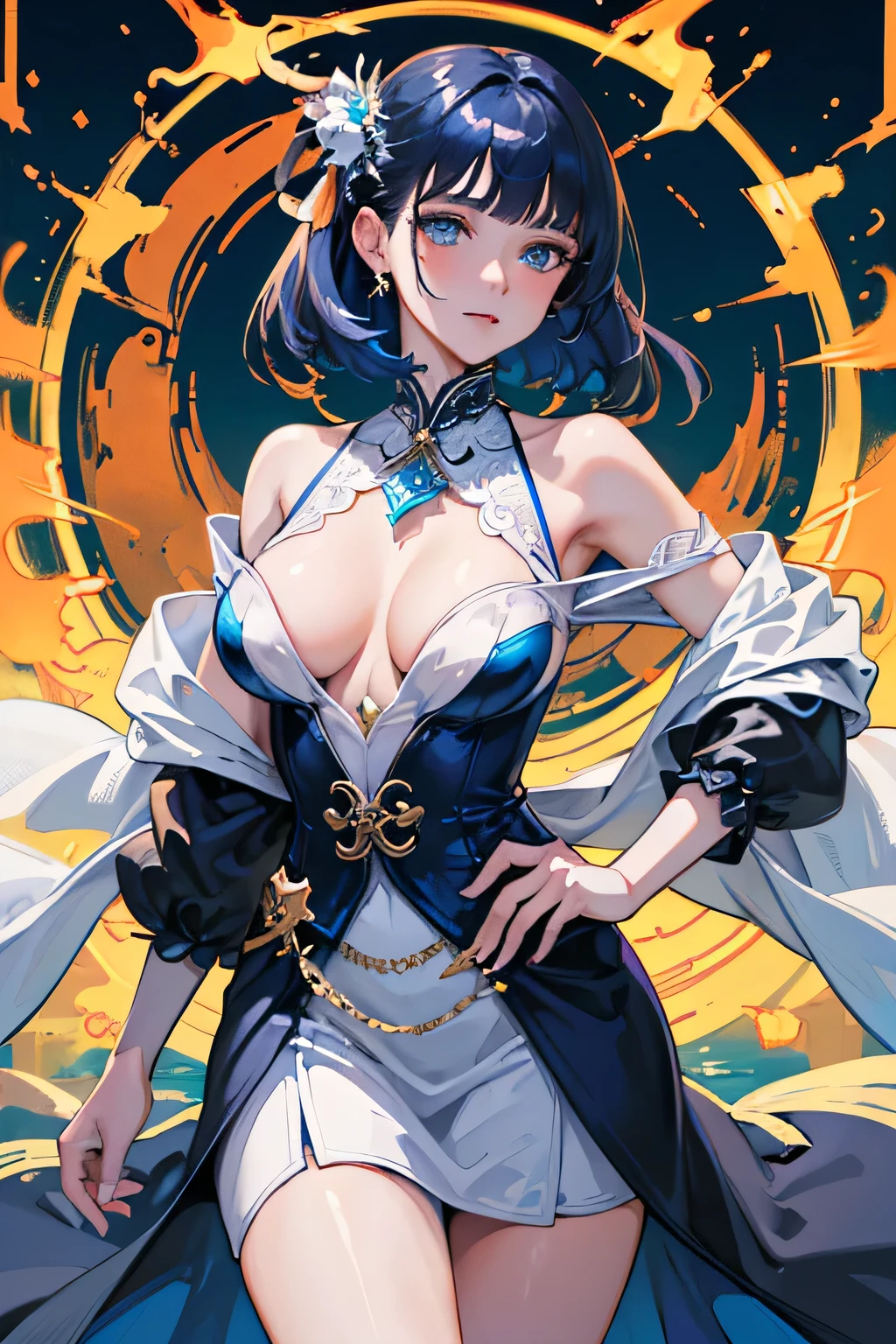 masterpiece, top quality, super detailed, high resolution, (ink painting style), excellent anatomy, beautiful 1 woman, Zodiac sign - goddess of Sagittarius, similar to the goodness of Latin, optimistic, fair, funny and intelligent face, recklessness, ruthless, impatient, overconfident style, dark blue eyes, (eye details), sparkling deep blue hair, transparent dress, in the sea of shining stars, fire makeup look, god Chiron, ((cowboy shot:1.2)), best light, best shadow, mysterious, perfect face, highly detailed,