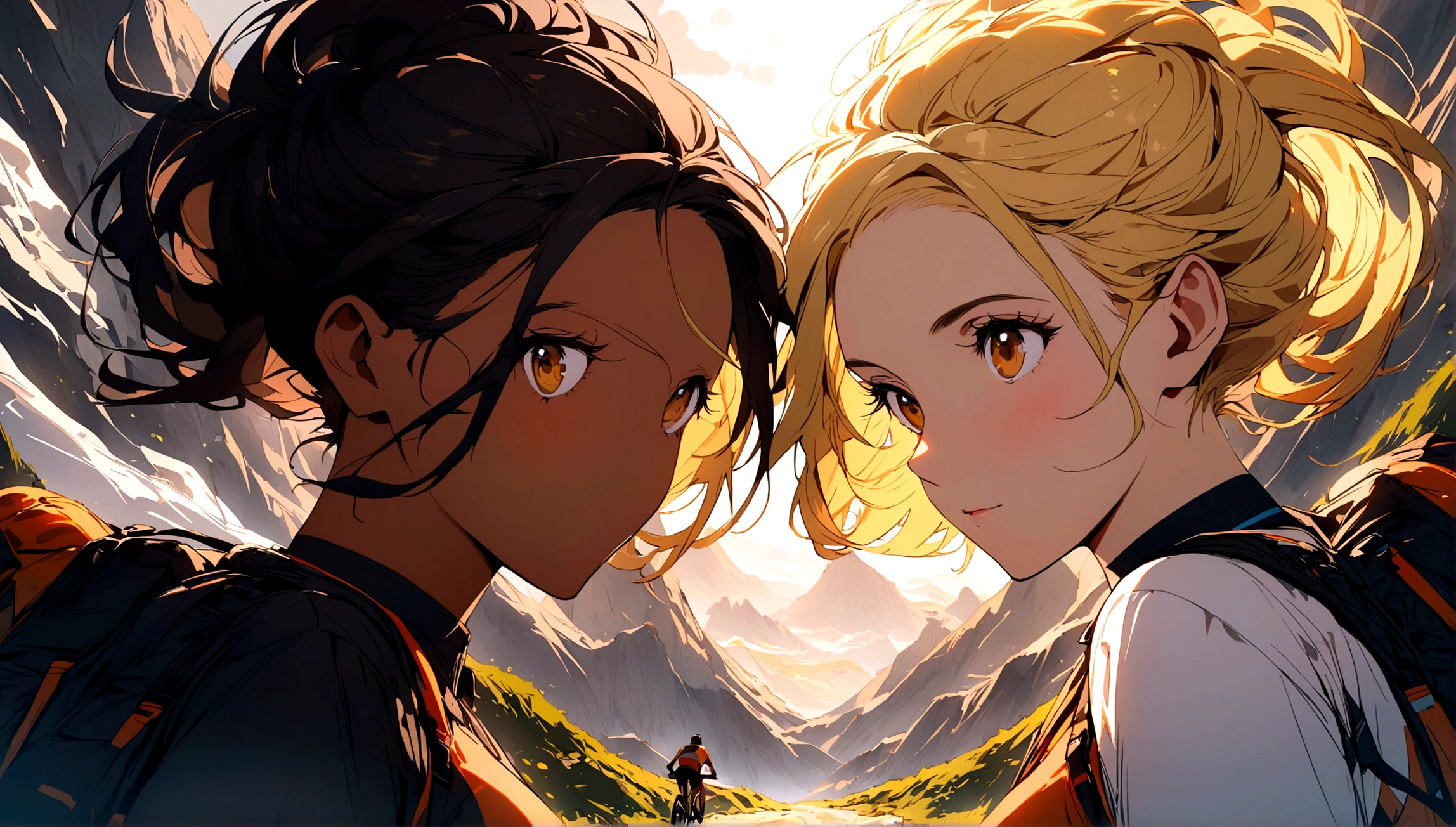 a couple of a black haired brown skinned girl and a blonde haired white guy having a MTB bike ride in the mountain