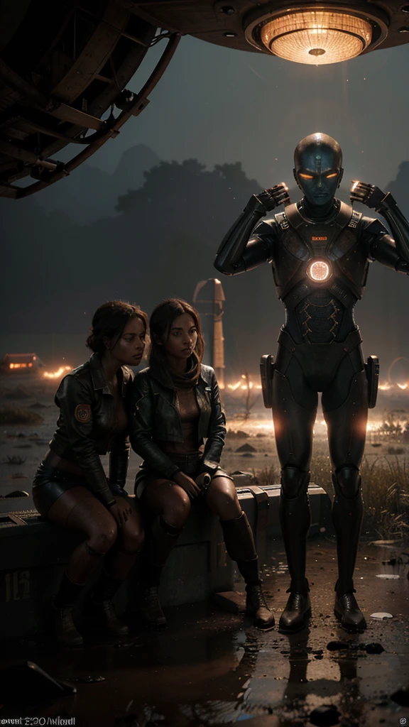 "A surreal and Hyper-realistic scene with three-headed alien-like figure, each head resembling a blue-skinned  with closed eyes and elongated features, sitting on a rusty, round mechanical platform floating on a misty, desolate swamp. The figure is wearing a beige jacket adorned with pink flower-like patterns. In the background, there is an old, rusted machine with a red-lit screen displaying various data and labels, connected with cables. The machine has antennas and wires protruding from its top. The overall atmosphere is eerie, with fog covering the swampy landscape, and the colors are muted, emphasizing the melancholic, dystopian setting.", 32k, UHD, cinematic chromatic, cinematic lighting, global illumination, chromatic light, photorealistic, ultra detailed, iluminación onírica, 85 mm, dramatic, low-key lighting on a mysterious, photorealistic , ultra photoreal , ultra detailed, intricate details. 