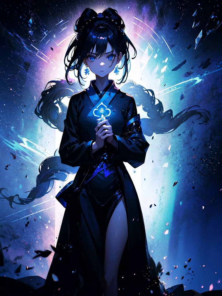 25-year-old girl、Rune background、black magician、Wearing a black robe、mesmerize、cute woman、Elegant hairstyle、indigo hair color、Slightly shorter hair、blue eyes、look at the viewer、masterpiece、Best image、