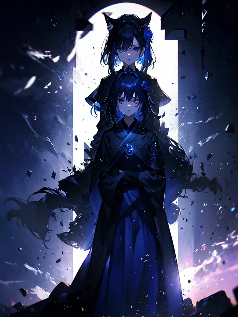 25-year-old girl、Rune background、black magician、Wearing a black robe、mesmerize、cute woman、Elegant hairstyle、indigo hair color、Slightly shorter hair、blue eyes、look at the viewer、masterpiece、Best image、