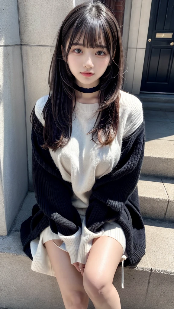 highest quality、8k、32k、masterpiece、Hmph:1.2)、One Girl、Girl with long hair、Beautiful Japanese Woman、Black-haired、Heavy bangs、Long sleeve shirt、Hair length、A fluffy white sweater、Don't expose it、D Cup,choker、plump breasts, Bright red eyeliner、full body