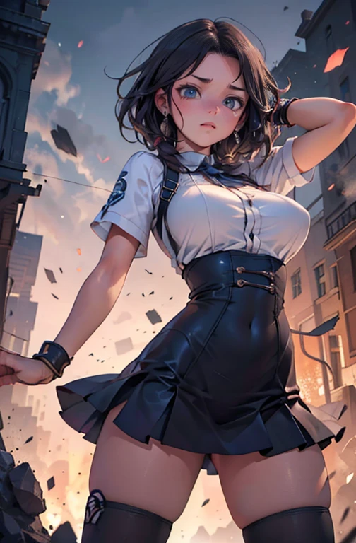 a beautiful woman with radiant eyes, a warm embrace, a bright smile, large full breasts, a mini skirt, black outfit,high quality, 8k, photorealistic, masterpiece, dramatic lighting, cinematic composition, intricate details, alluring expression, elegant pose, graceful movements