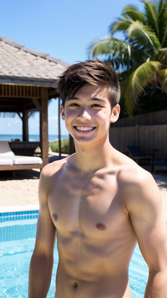 male Age 17 swimwear lifeguard topless smile