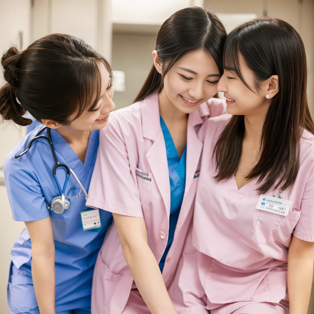 Beautiful Japanese female doctor in labcoat and scrubs hugging cute Japanese female nurse in pink nurse uniform