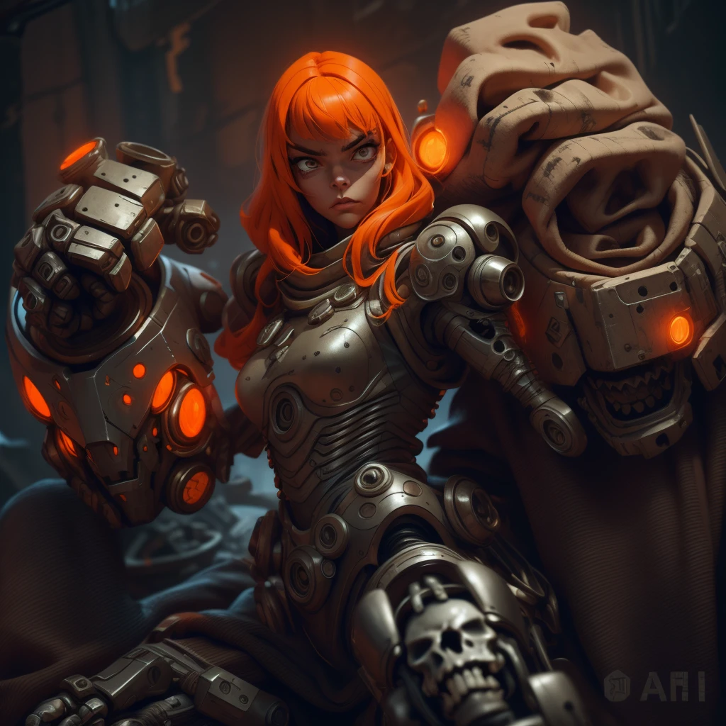 A highly detailed and realistic skull girl,( Anya. Taylor Joy) cyberpunk character, mad max furiosa, one hand robot, cyborg arm, orange hair, dramatic metal heavy rock theme, best quality, 8k, hyperrealistic, photorealistic, extreme detailed painting, studio lighting, vivid colors, dark moody atmosphere, cinematic, dramatic pose, intricate mechanical details, glowing energy effects, intense gritty textures, seamless integration of organic and inorganic elements. Wearing the used clothes of a wastelander. Background: An apocalyptic wasteland. Dusty and depressing.