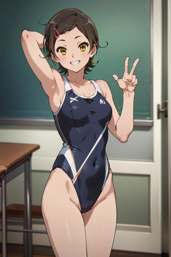 solo, 1girl, ,  hazuki katou,.,looking viewer ,grin,medium breasts,classroom,race swimsuit,leotard,peace pose