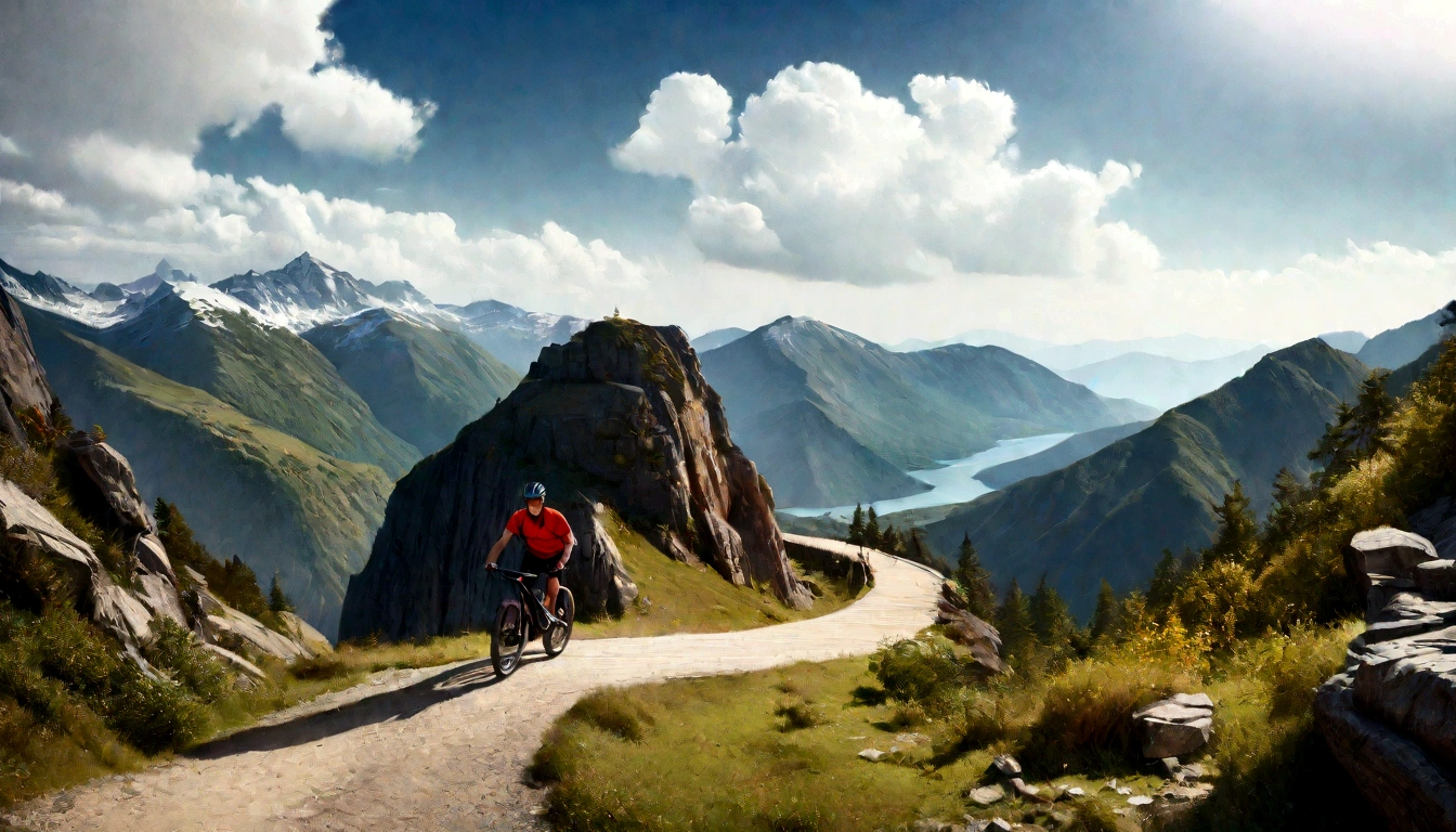 a brown-skinned girl with black hair and a white boy with blonde hair riding mountain bikes on a mountain path, detailed faces, beautiful scenery, (best quality,4k,8k,highres,masterpiece:1.2),ultra-detailed,(realistic,photorealistic,photo-realistic:1.37),landscape, vibrant colors, natural lighting, adventure, outdoor, sports