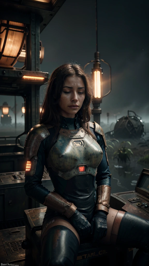 "A surreal and Hyper-realistic scene with three-headed alien-like figure, each head resembling a blue-skinned with closed eyes and elongated features, sitting on a rusty, round mechanical platform floating on a misty, desolate swamp. The figure is wearing a beige jacket adorned with pink flower-like patterns. In the background, there is an old, rusted machine with a red-lit screen displaying various data and labels, connected with cables. The machine has antennas and wires protruding from its top. The overall atmosphere is eerie, with fog covering the swampy landscape, and the colors are muted, emphasizing the melancholic, dystopian setting.", 32k, UHD, cinematic chromatic, cinematic lighting, global illumination, chromatic light, photorealistic, ultra detailed, iluminación onírica, 85 mm, dramatic, low-key lighting on a mysterious, photorealistic , ultra photoreal , ultra detailed, intricate details.