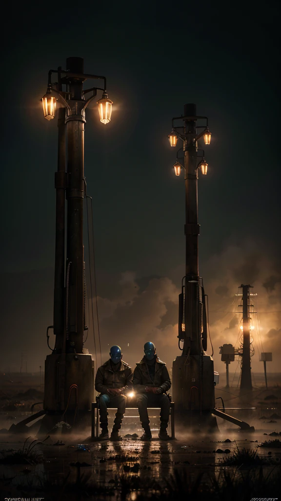 "A surreal and Hyper-realistic scene with three-headed alien-like figure, each head resembling a blue-skinned with closed eyes and elongated features, sitting on a rusty, round mechanical platform floating on a misty, desolate swamp. The figure is wearing a beige jacket adorned with pink flower-like patterns. In the background, there is an old, rusted machine with a red-lit screen displaying various data and labels, connected with cables. The machine has antennas and wires protruding from its top. The overall atmosphere is eerie, with fog covering the swampy landscape, and the colors are muted, emphasizing the melancholic, dystopian setting.", 32k, UHD, cinematic chromatic, cinematic lighting, global illumination, chromatic light, photorealistic, ultra detailed, iluminación onírica, 85 mm, dramatic, low-key lighting on a mysterious, photorealistic , ultra photoreal , ultra detailed, intricate details.
