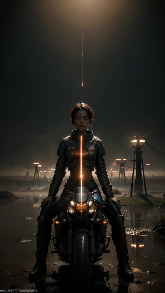 "A surreal and Hyper-realistic scene with three-headed alien-like figure, each head resembling a blue-skinned with closed eyes and elongated features, sitting on a rusty, round mechanical platform floating on a misty, desolate swamp. The figure is wearing a beige jacket adorned with pink flower-like patterns. In the background, there is an old, rusted machine with a red-lit screen displaying various data and labels, connected with cables. The machine has antennas and wires protruding from its top. The overall atmosphere is eerie, with fog covering the swampy landscape, and the colors are muted, emphasizing the melancholic, dystopian setting.", 32k, UHD, cinematic chromatic, cinematic lighting, global illumination, chromatic light, photorealistic, ultra detailed, iluminación onírica, 85 mm, dramatic, low-key lighting on a mysterious, photorealistic , ultra photoreal , ultra detailed, intricate details.