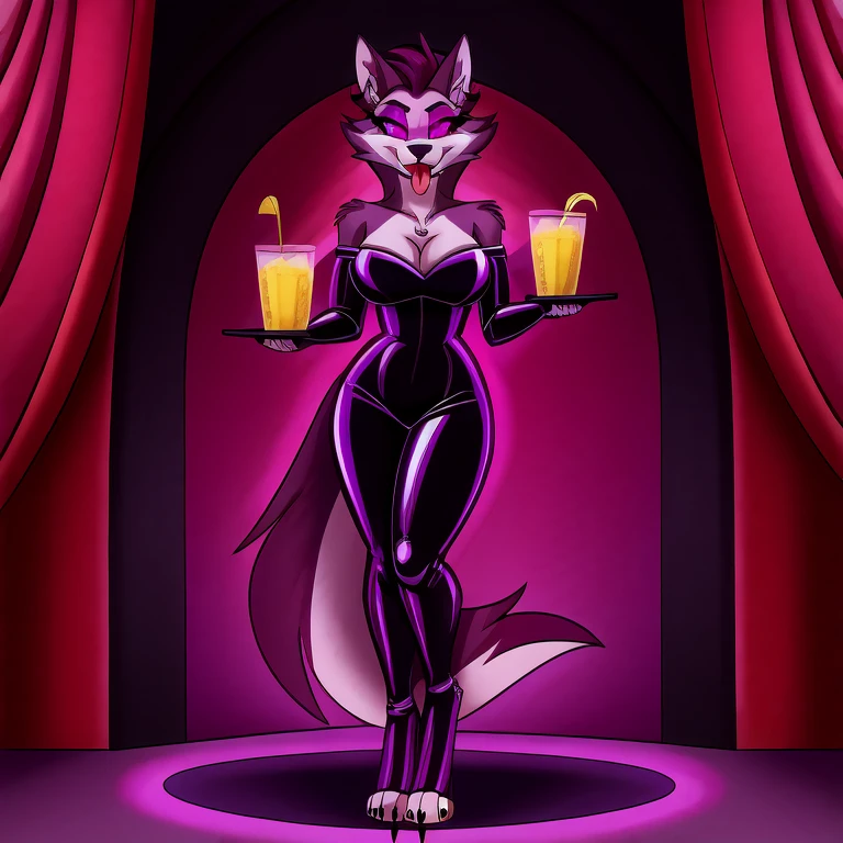 (masterpiece, best quality:1.2), Vortex female hellhound, wolf, furry, helluva boss, hypnotized with glowing purple eyes, tongue out, wearing latex suit, carrying a tray of lemonade, full body image, standing in a luxury room background