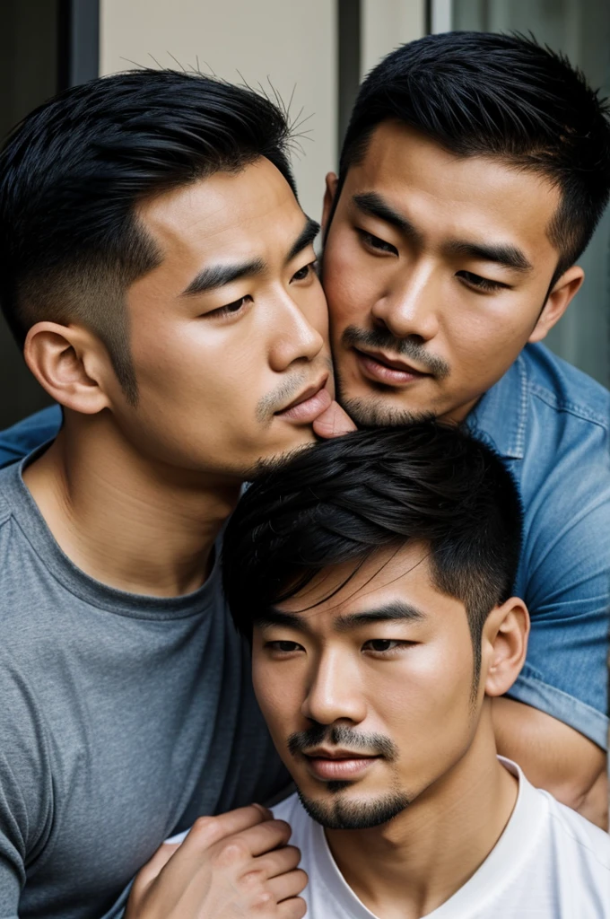Asian man kissing another man
