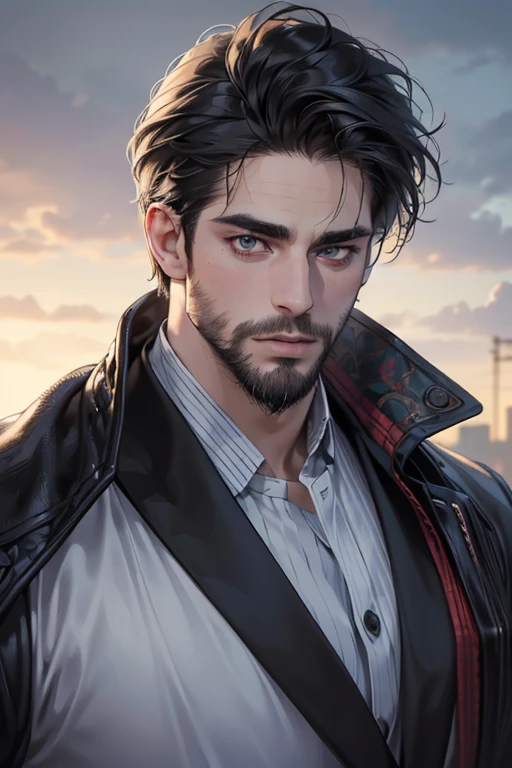 (best quality,4k,8k,highres,masterpiece:1.2),ultra-detailed,(realistic,photorealistic,photo-realistic:1.37),30 year old man,3 day beard,handsome anime,portraits,strong,masculine,dark hair,sharp jawline,mesmerizing eyes,perfectly styled hair,cool anime outfit,confident expression,vibrant colors,dynamic lighting