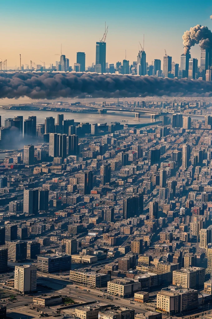 Panoramic view of a city with smoke and comic-type garbage and make it easier