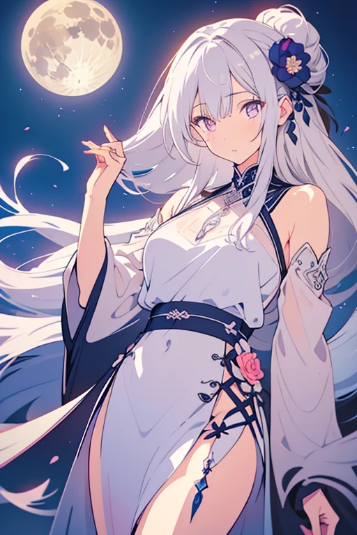Masterpiece Best Night Full Moon 1 Female Mature Female Elder Sister Yu Sister Cold Face Expressionless Silver White Long Hair Woman Light Pink Lips Calm Intellectual Three Bands Gray Eyes Assassin Short Knife, Flowers, Hand Details, Finger Details,
