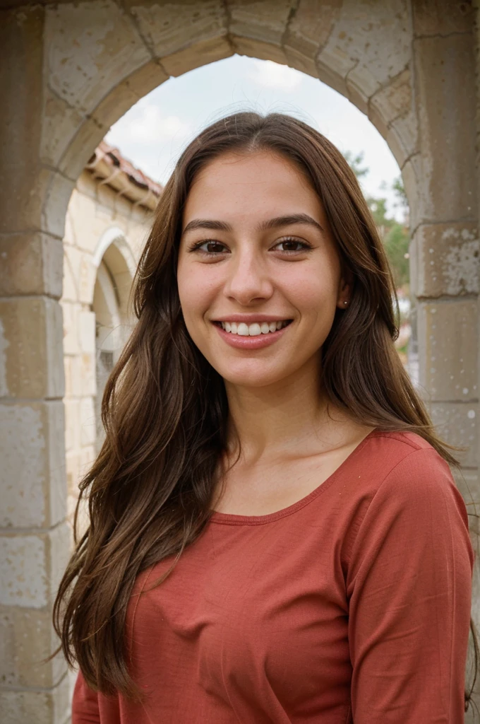 a photo-realistic portrait of a beautiful Palestinian woman with long brown hair, light red shirt, white teeth, and a cute smile, with highly detailed and realistic facial features, modest expression, and realistic white skin tone