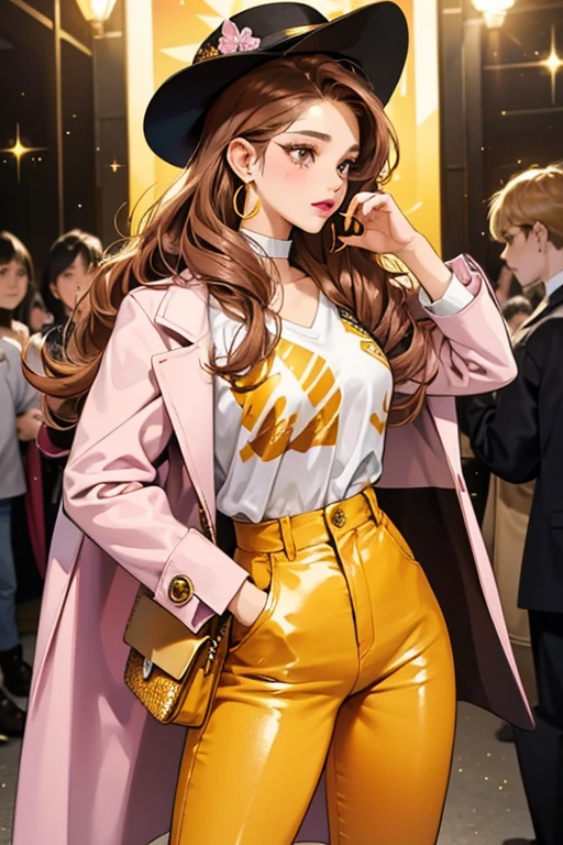 Da Boss has with tan skin, brown eyes, purple eyeshadow, a beauty mark, light pink nail polish, pink lipstick and blush, and golden brown hair that's straight at the sides and in ringlet curls at the back.
She wears a glittery yellow and white top, tiger print pants and boots, a glittery orange coat, earrings that read 'BO$$', and a black hat with a gold stripe. She also has a clutch bag that looks like a folded newspaper. SPARKLE; GLITTER