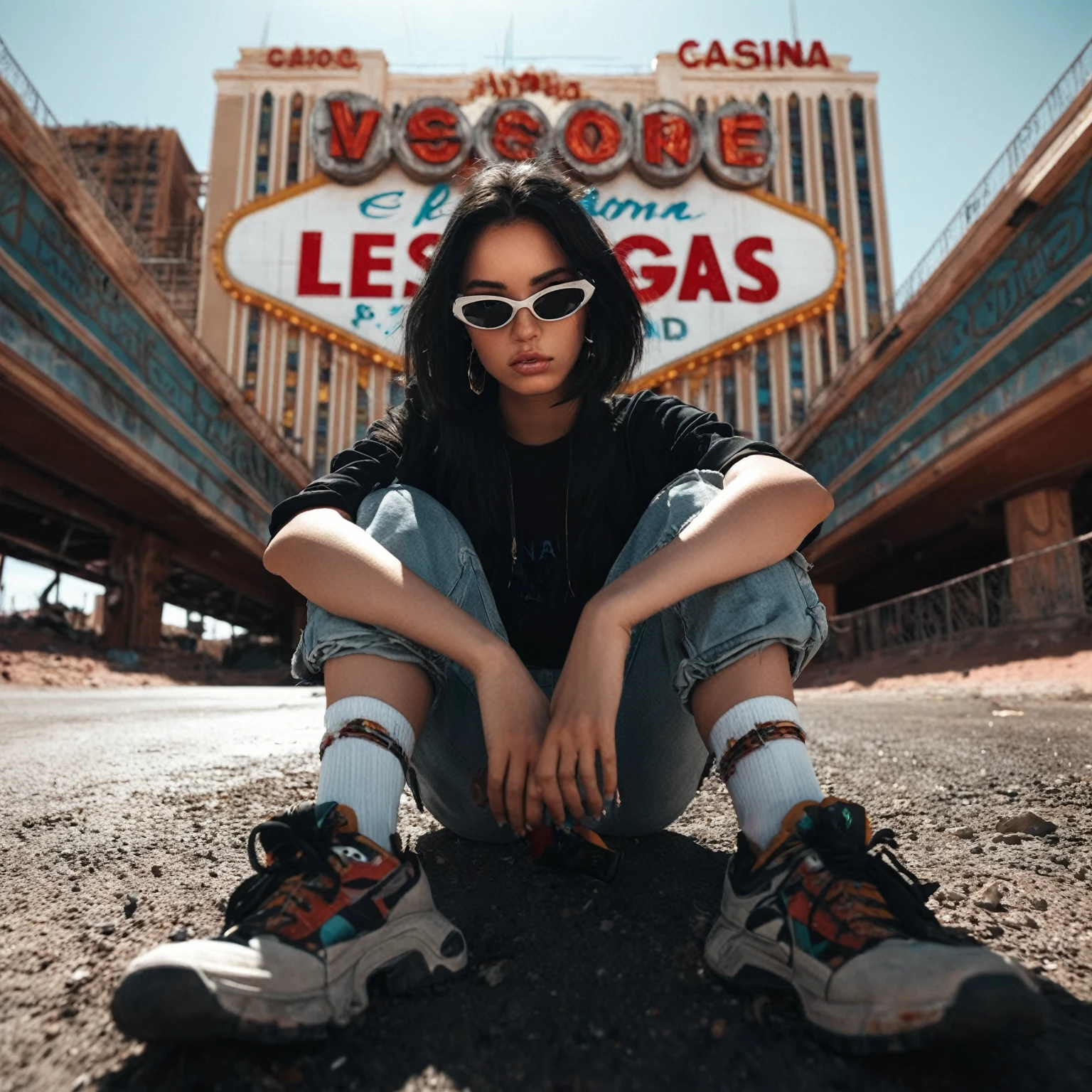 centered, 1girl, 18 yo, black hair, sitting on the ground, looking at the viewer, hip hop clothing, sunglasses, extreme low-angle photo from below, shot on Afga Vita 400, natural lighting, city photograph, abandoned casino, big neon signs, heat, desert, cinematic