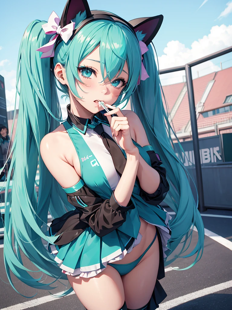 Hatsune Miku, cheerleader, sucking fingers, makeup,  cat ears