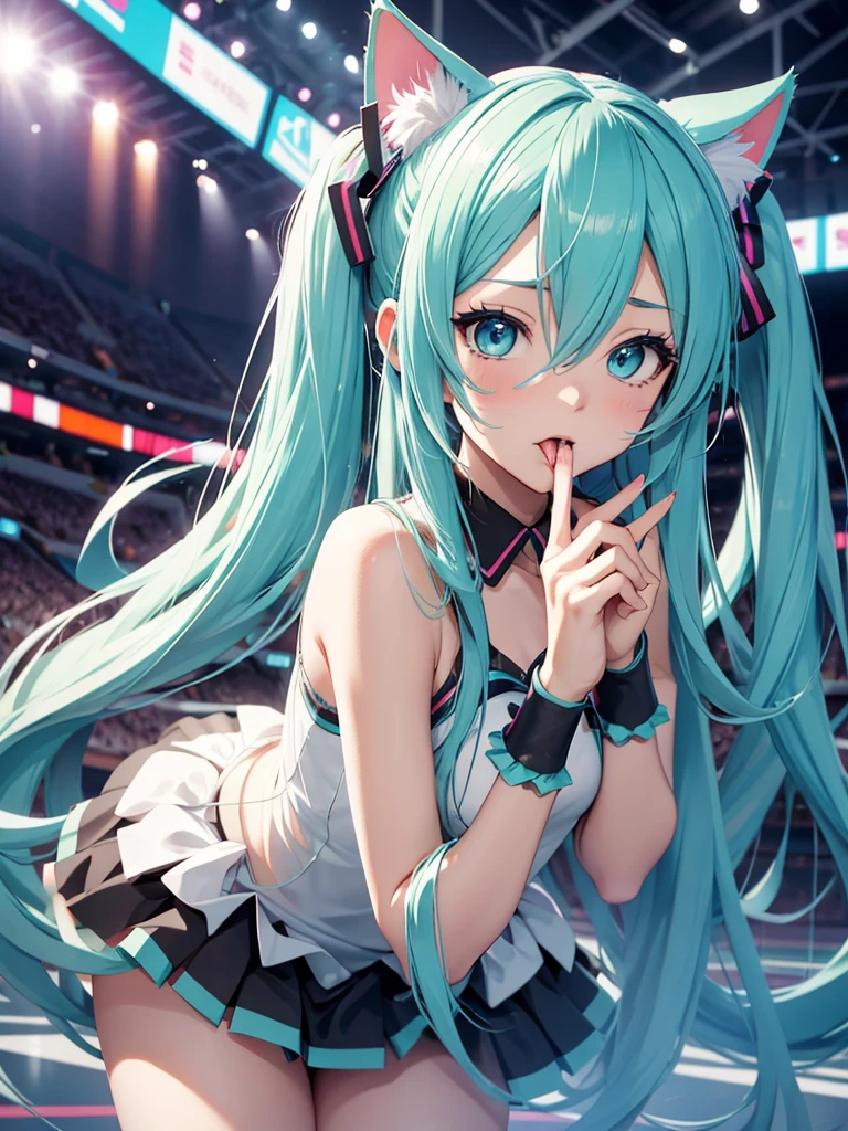 Hatsune Miku, cheerleader, sucking fingers, makeup, cat ears