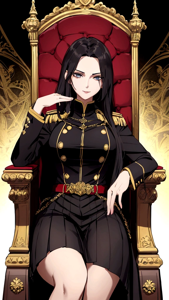 a beautiful and seductive woman with the face of the reference image, sitting on an ornate throne chair, wearing a black military uniform, highy detailed, 8K, Masterpiece artwork, cinematic lighting, dramatic pose, Bright dark, details Intricate, rich colors , chic, majestic, arrogant look from top to bottom, mighty, age between 30 and 40 years, don't wear a skirt, wears pants