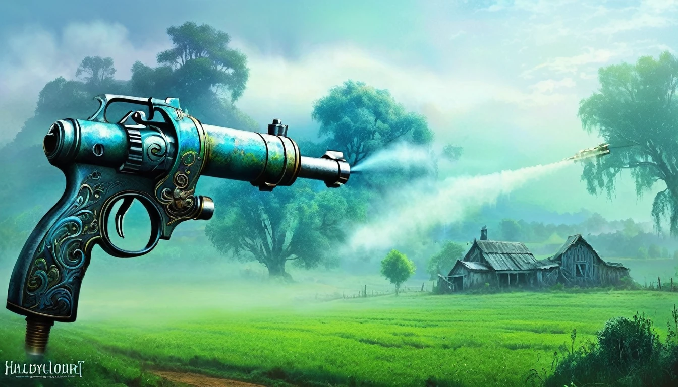 spray gun, misty, Fantasy style, Fantasy dream art, rural, old,