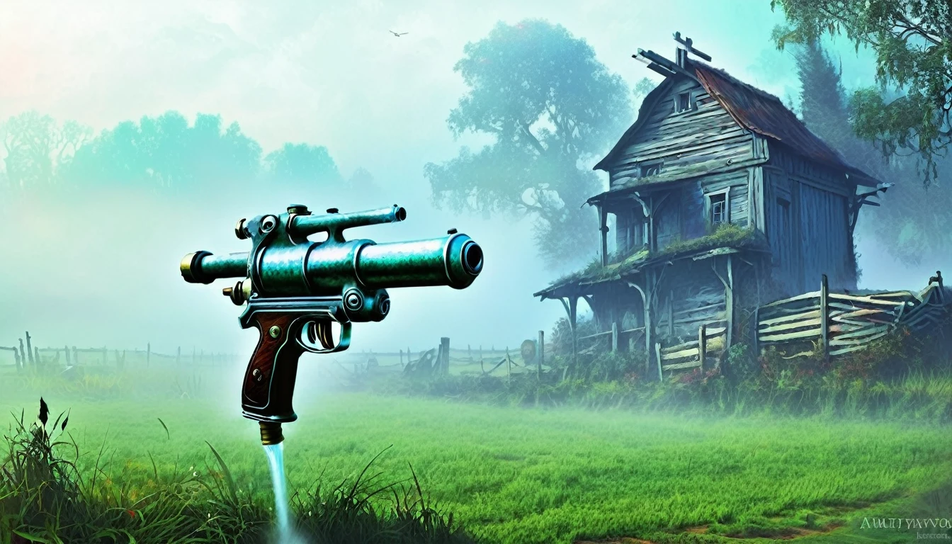 spray gun, misty, Fantasy style, Fantasy dream art, rural, old, 


