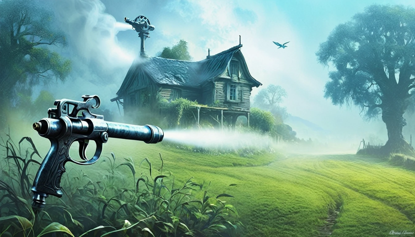 spray gun, misty, Fantasy style, Fantasy dream art, rural, old,