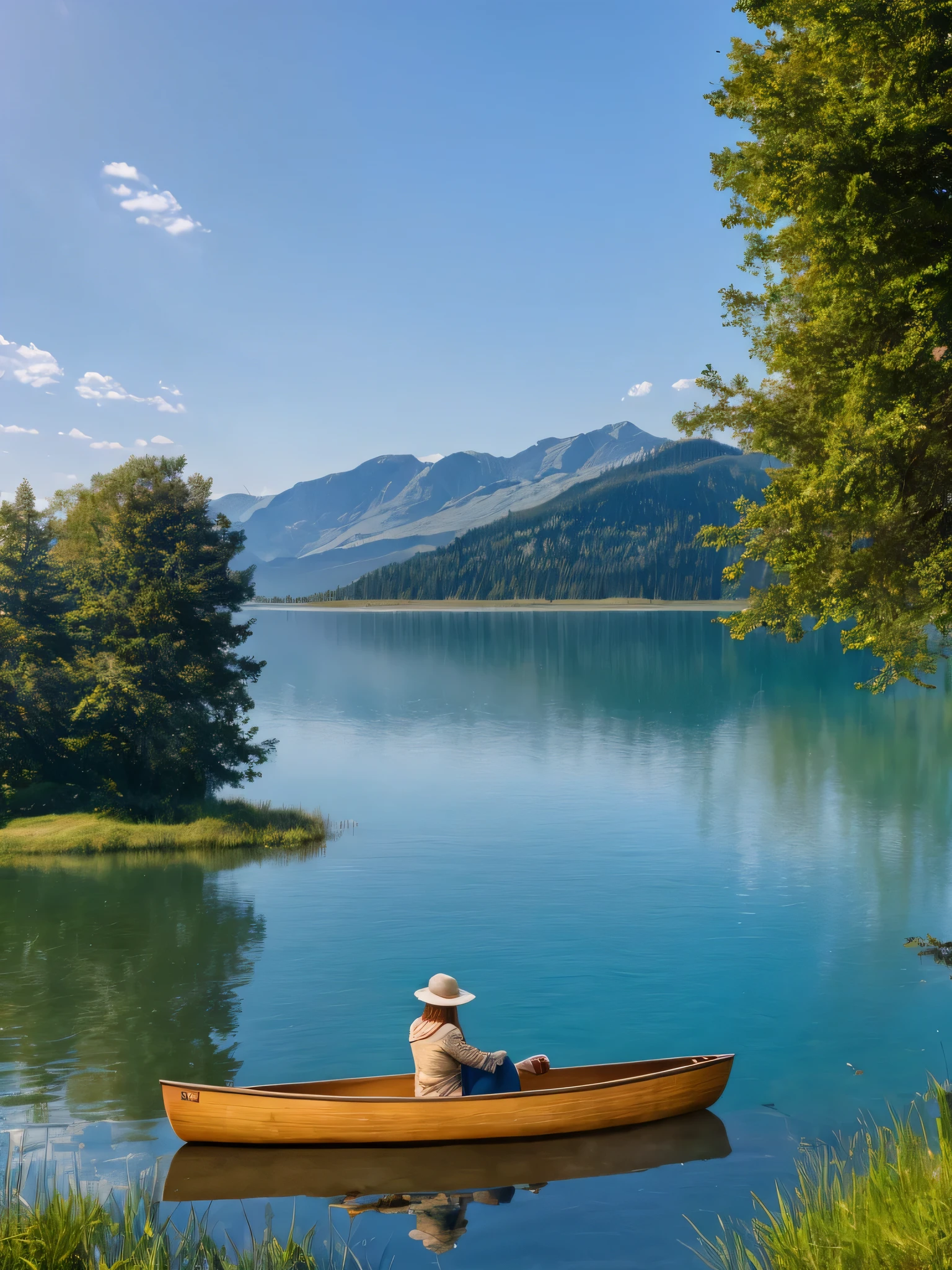 there is a woman sitting in a canoe on the lake, In the middle of the lake, on a boat on the lake, on the lake, Peaceful and serene, Calm and serene, On a calm lake, Peace of mind, Looking at the water, Outdoor environment, A great place, walk on calm water, Sitting in front of the lake, breathtaking shot,HDR,8k render.extrarealistic landscape