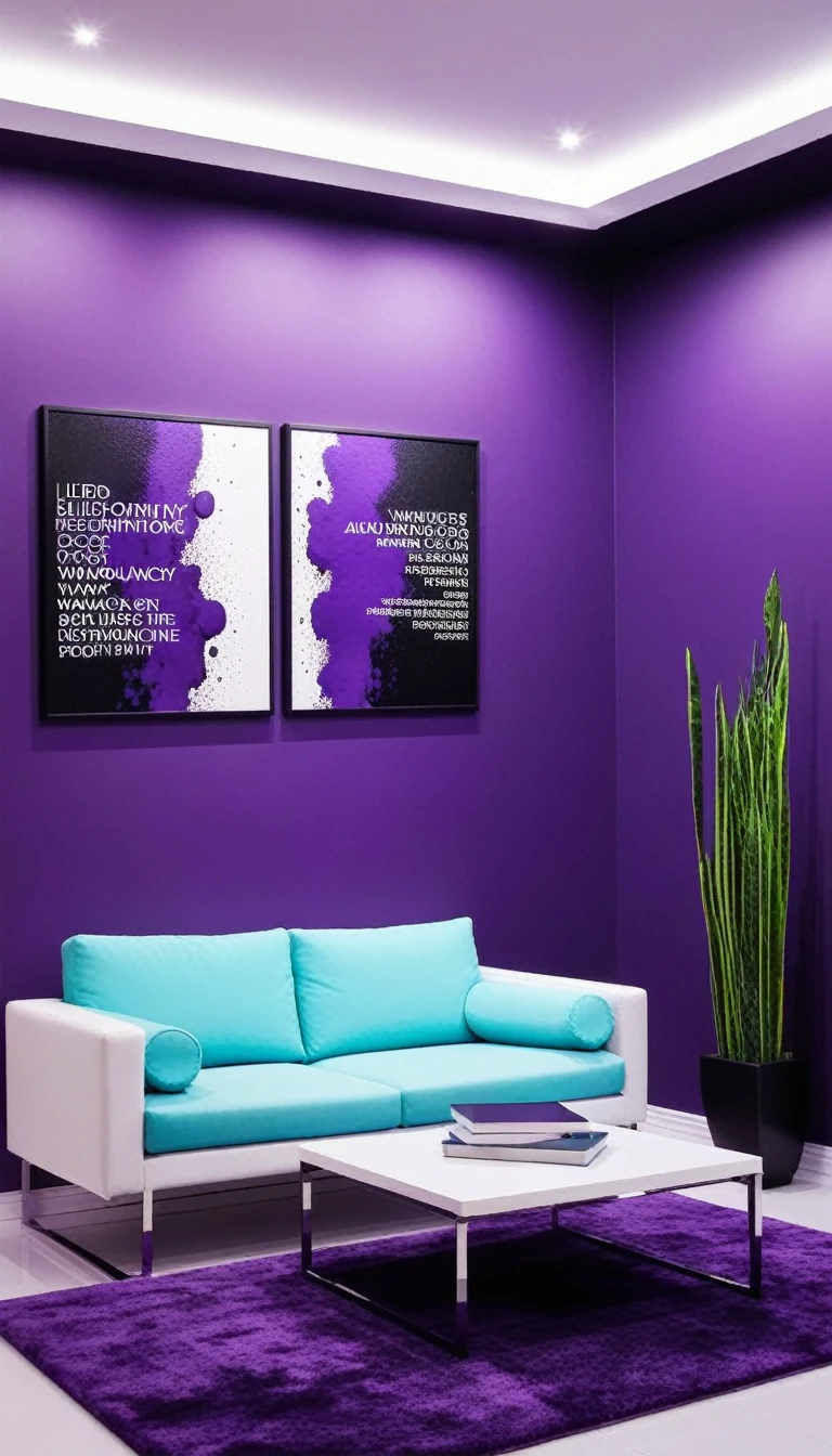 luxury for my videos, create a modern room background. The room should have the following elements: - Behind me is a wall painted with dark purple oil paint; - Several beautifully framed modern paintings hanging on the wall; - Simple filled with books and some decorative items, a contemporary library; - Bright colors with a predominance of purple tones, including neon LED lights that match the wall color, ambient lighting; - Furniture and decor that reflects current interior design trends but without background seating.
