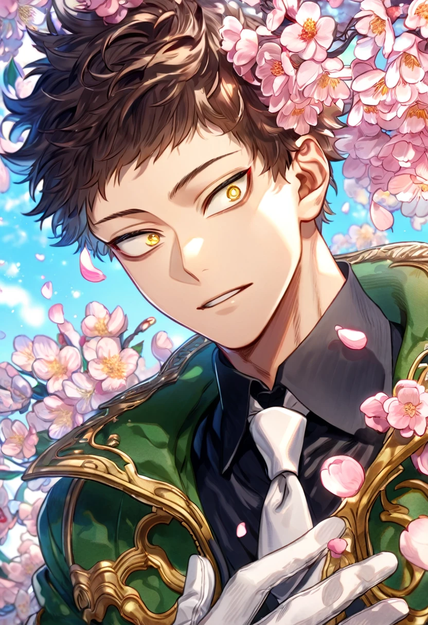 absurdres, highres, ultra detailed, HDR, master piece, Overhaul, dark brown hair, short hair, short bangs, expressive golden eyes, green coat with fur, black shirt, Boku No Hero Academia, sexy man, handsome, best quality, blossoms, pink petals, pink flowers, fantasy, magical, blue shining fireflies, solo, white gloves, white necktie, 