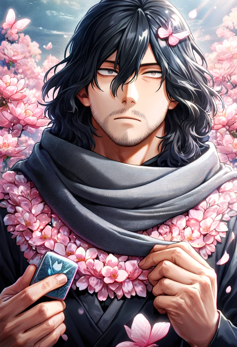 absurdres, highres, ultra detailed, HDR, master piece, best quality, Eraser Head, black hair, medium-lenght hair, expressive gray eyes, boku no hero academia, faint beard, black clothes, gray scarf, solo, sexy man, handsome, fantasy, shining, water, pink flowers, pink blossoms, pink butterflies, pink petals