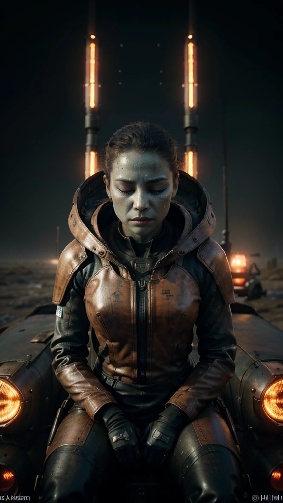 "A surreal and Hyper-realistic scene with three-headed alien-like figure, each head resembling a blue-skinned with closed eyes and elongated features, sitting on a rusty, round mechanical platform floating on a misty, desolate swamp. The figure is wearing a beige jacket adorned with pink flower-like patterns. In the background, there is an old, rusted machine with a red-lit screen displaying various data and labels, connected with cables. The machine has antennas and wires protruding from its top. The overall atmosphere is eerie, with fog covering the swampy landscape, and the colors are muted, emphasizing the melancholic, dystopian setting.", 32k, UHD, cinematic chromatic, cinematic lighting, global illumination, chromatic light, photorealistic, ultra detailed, iluminación onírica, 85 mm, dramatic, low-key lighting on a mysterious, photorealistic , ultra photoreal , ultra detailed, intricate details.