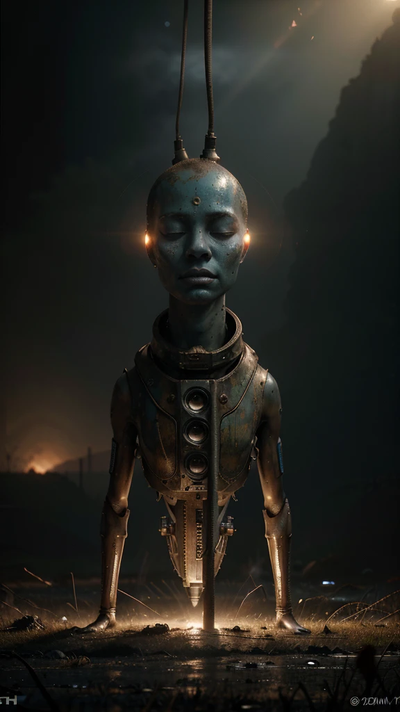 "A surreal and Hyper-realistic scene with three-headed alien-like figure, each head resembling a blue-skinned  with closed eyes and elongated features, sitting on a rusty, round mechanical platform floating on a misty, desolate swamp. The figure is wearing a beige jacket adorned with pink flower-like patterns. In the background, there is an old, rusted machine with a red-lit screen displaying various data and labels, connected with cables. The machine has antennas and wires protruding from its top. The overall atmosphere is eerie, with fog covering the swampy landscape, and the colors are muted, emphasizing the melancholic, dystopian setting.", 32k, UHD, cinematic chromatic, cinematic lighting, global illumination, chromatic light, photorealistic, ultra detailed, iluminación onírica, 85 mm, dramatic, low-key lighting on a mysterious, photorealistic , ultra photoreal , ultra detailed, intricate details. 