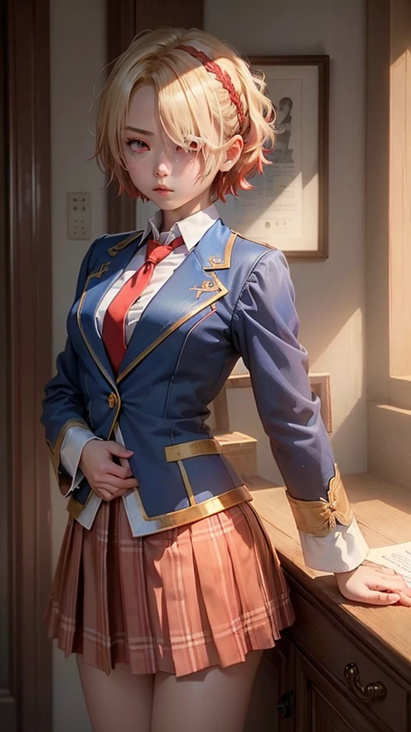 ((masterpiece))、(((Highest quality)))、((Super detailed)),(((17 years old)))、(Blonde Short Hair)、(Barrette)、(((Hair on one eye)))、(((Hide one eye with hair)))、(((Red eyes)))、(Blue blazer)、White shirt、Red tie、Brown plaid skirt、Mao Sen Moon Song、

