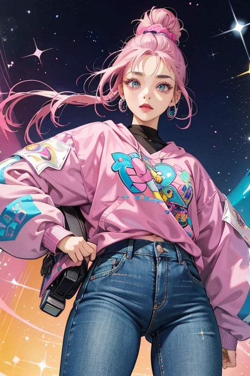 As her name suggests, she wears roller skates and jeans that are completely blue. She wears a jacket with the colors of indigo and pink. Under her jacket is a outfit that looks like it is squiggled and the colors are purple, pink, reddish orange, and orange. She has teal eyes with pink lipstick and what looks like orange eye shadow. She has earrings with four circles and they are gray. Her hair is purplish pink and the style of her hair is two buns on the top of her head and her hair's bottom is eight braids. SPARKLE; GLITTER