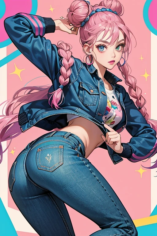 As her name suggests, she wears roller skates and jeans that are completely blue. She wears a jacket with the colors of indigo and pink. Under her jacket is a outfit that looks like it is squiggled and the colors are purple, pink, reddish orange, and orange. She has teal eyes with pink lipstick and what looks like orange eye shadow. She has earrings with four circles and they are gray. Her hair is purplish pink and the style of her hair is two buns on the top of her head and her hair's bottom is eight braids. SPARKLE; GLITTER