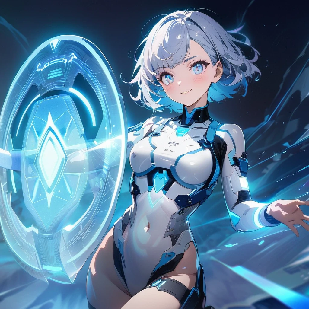 an image of a gentle girl with short, silvery-blue hair, wearing a futuristic, battle-ready outfit with glowing blue elements. She has a kind expression on her face, characterized by soft, warm eyes and a gentle smile with relaxed features. She is generating a large, translucent energy shield that shimmers with blue light, protecting herself and an area around her. The girl should be in a dynamic yet gentle pose, with one hand outstretched towards the viewer as if she's directing the shield and the other hand resting gently by her side. Her stance is strong yet relaxed, with one leg slightly bent. The background is dark and dramatic, with hints of blue light and energy waves illuminating their figures. The shield should have intricate, glowing patterns, enhancing the sense of her power and gentle control,model pose, (nude), detailed gorgeous face| anime style| key visual| intricate detail| highly detailed| breathtaking| vibrant| panoramic| cinematic| Carne Griffiths| Conrad Roset| gibbli 8k